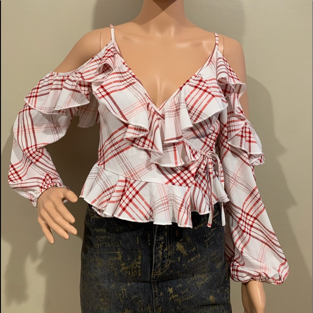 Plaid Cold Shoulder Blouse.